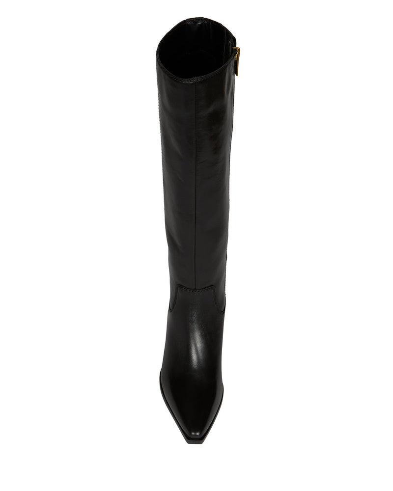 Top view of the Vince Camuto Pamlia Extra Wide Calf Knee High Boot in black leather, featuring a pointed toe, side zipper, and sleek silhouette.
