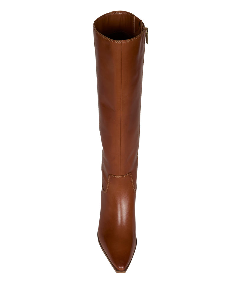 The Vince Camuto Pamlia Extra Wide Calf Knee High Boot in brown is shown from above, featuring a pointed toe and side zipper, displayed against a white background.