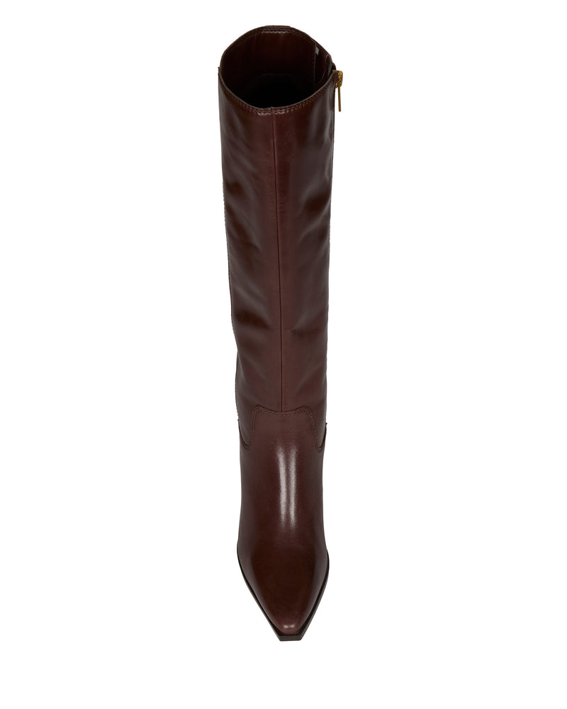 Top view of the Vince Camuto Pamlia Extra Wide Calf Knee High Boot in brown leather, featuring a pointed toe, block heel, and side zipper.