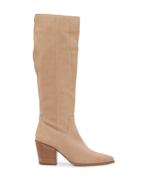 The Vince Camuto Pamlia Extra Wide Calf Knee High Boot in tan suede features a pointed toe and stacked block heel, blending classic and modern styles. Shown in side profile on a white background.