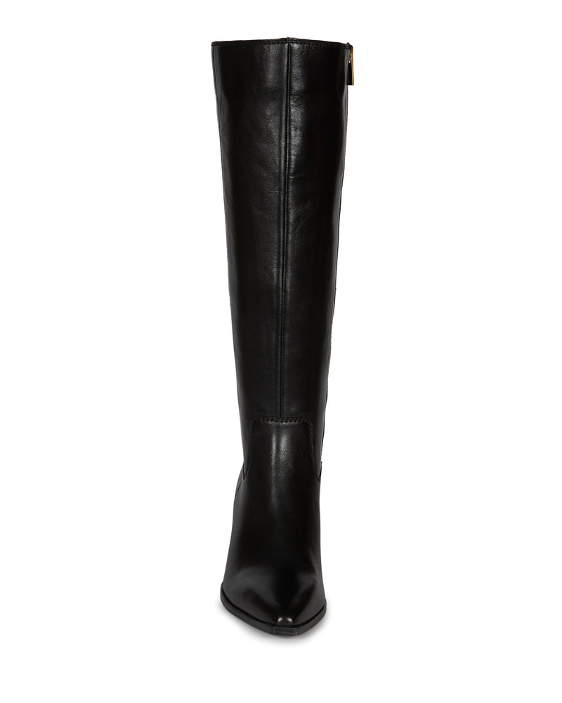 Front view of the Vince Camuto Pamlia Knee High Boot, a tall black leather boot with western styling, pointed toe, and smooth finish, displayed on a white background.