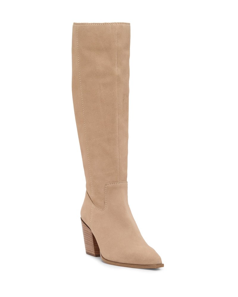 The Vince Camuto Pamlia Knee High Boot is a tall beige suede boot with a pointed toe and stacked wooden block heel, perfect for anyone seeking stylish knee-high footwear. Shown on a white background.