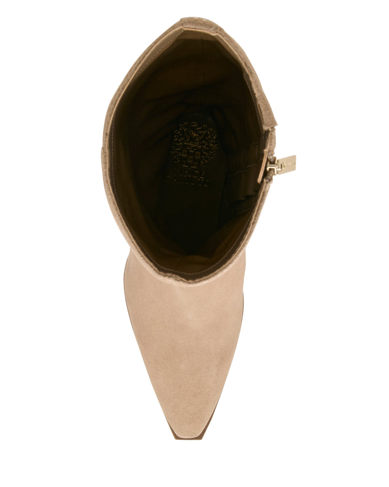 Top view of the Pamlia Knee High Boot by Vince Camuto in tan suede, featuring a pointed toe, side zipper, and contrasting dark interior lining, photographed on a white background.