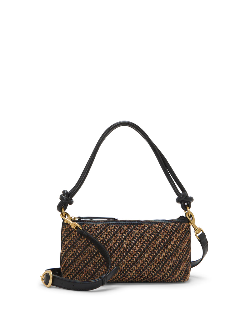 The Paula Crossbody Bag by Vince Camuto is a rectangular woven handbag in brown and black, featuring a short handle, detachable shoulder strap, gold hardware, and a diagonal stripe pattern.