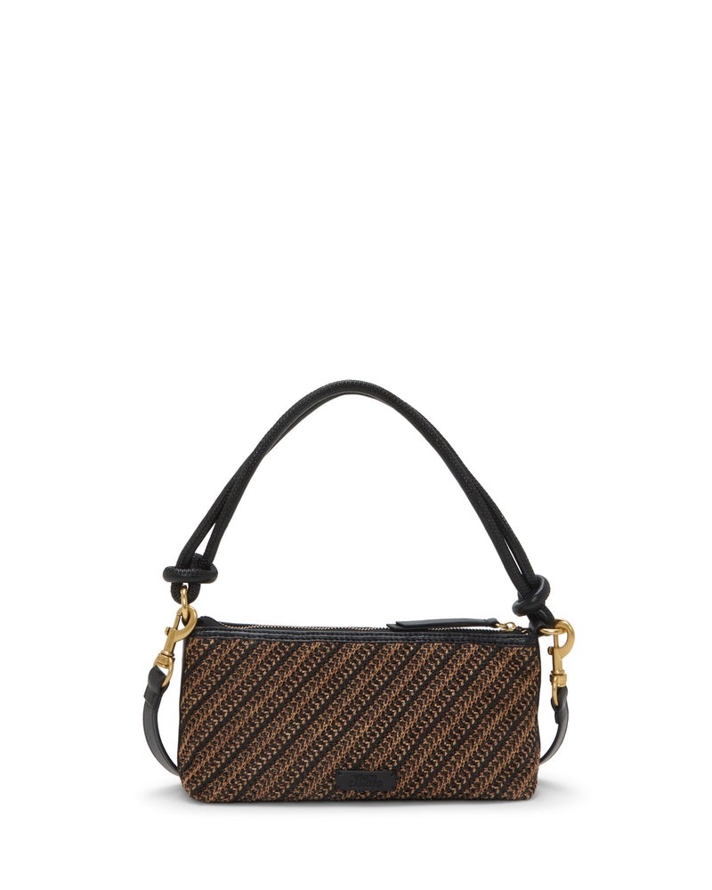 The Paula Crossbody Bag by Vince Camuto is a small rectangular bag with a brown and black diagonal stripe pattern, black trim and handle, gold hardware, zipper closure, and a detachable shoulder strap.