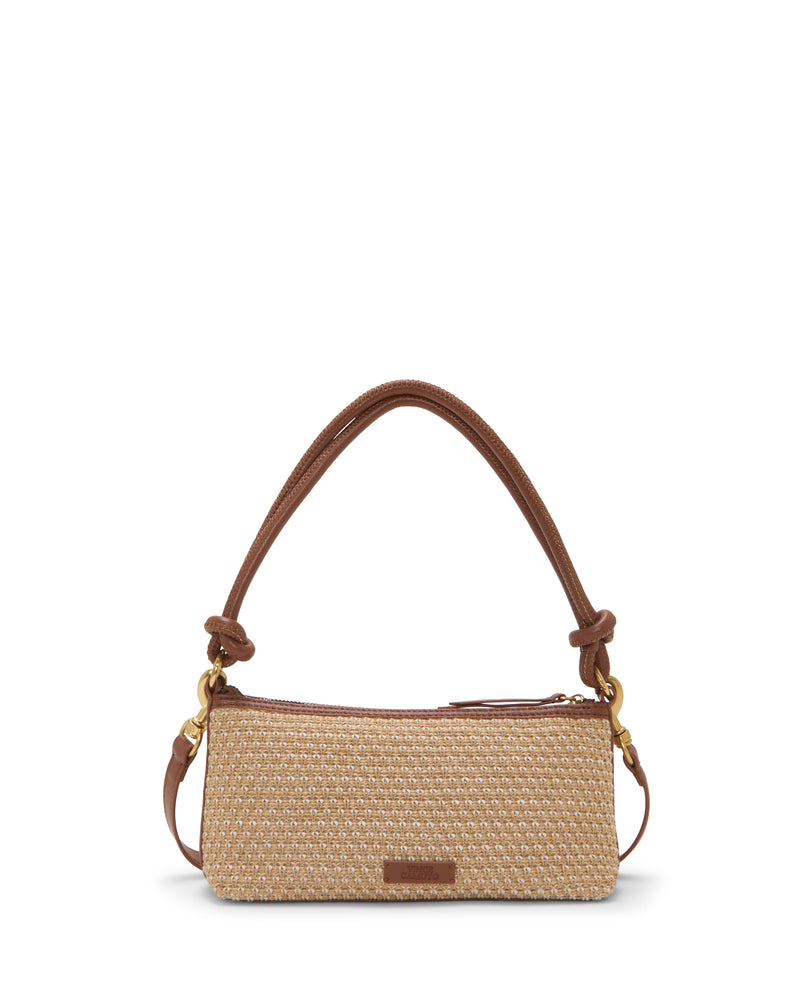 The Paula Crossbody Bag by Vince Camuto is a rectangular beige woven handbag with a brown strap and zipper, gold hardware, and a small rectangular brown logo patch on the front.