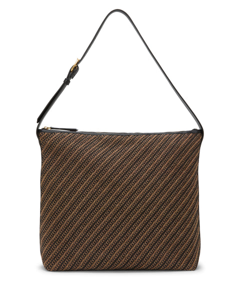 The Vince Camuto Paula Shoulder Bag is rectangular with black and brown diagonal stripes, a black adjustable shoulder strap, and a zippered top.