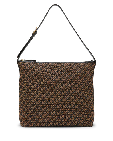 The Paula Shoulder Bag by Vince Camuto features a black and brown diagonal striped woven design, a black adjustable strap, and a top zipper closure—an ideal canvas bag for daily style.
