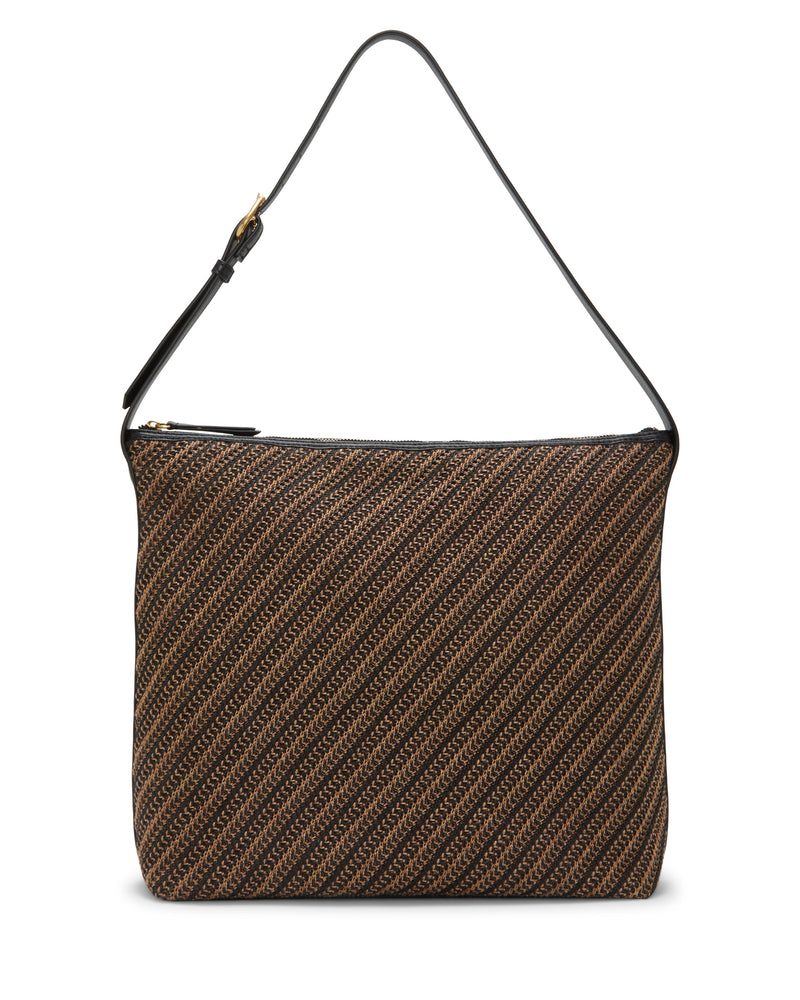 The Paula Shoulder Bag by Vince Camuto features a black and brown diagonal striped woven design, a black adjustable strap, and a top zipper closure—an ideal canvas bag for daily style.