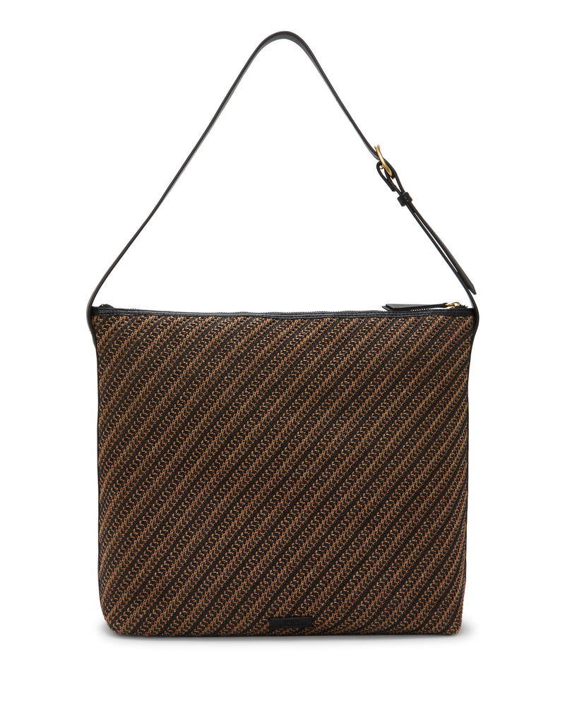 The Paula Shoulder Bag by Vince Camuto features a brown and black diagonal woven pattern, a rectangular shape, zipper closure, adjustable black strap, and a small black tag at the bottom center.