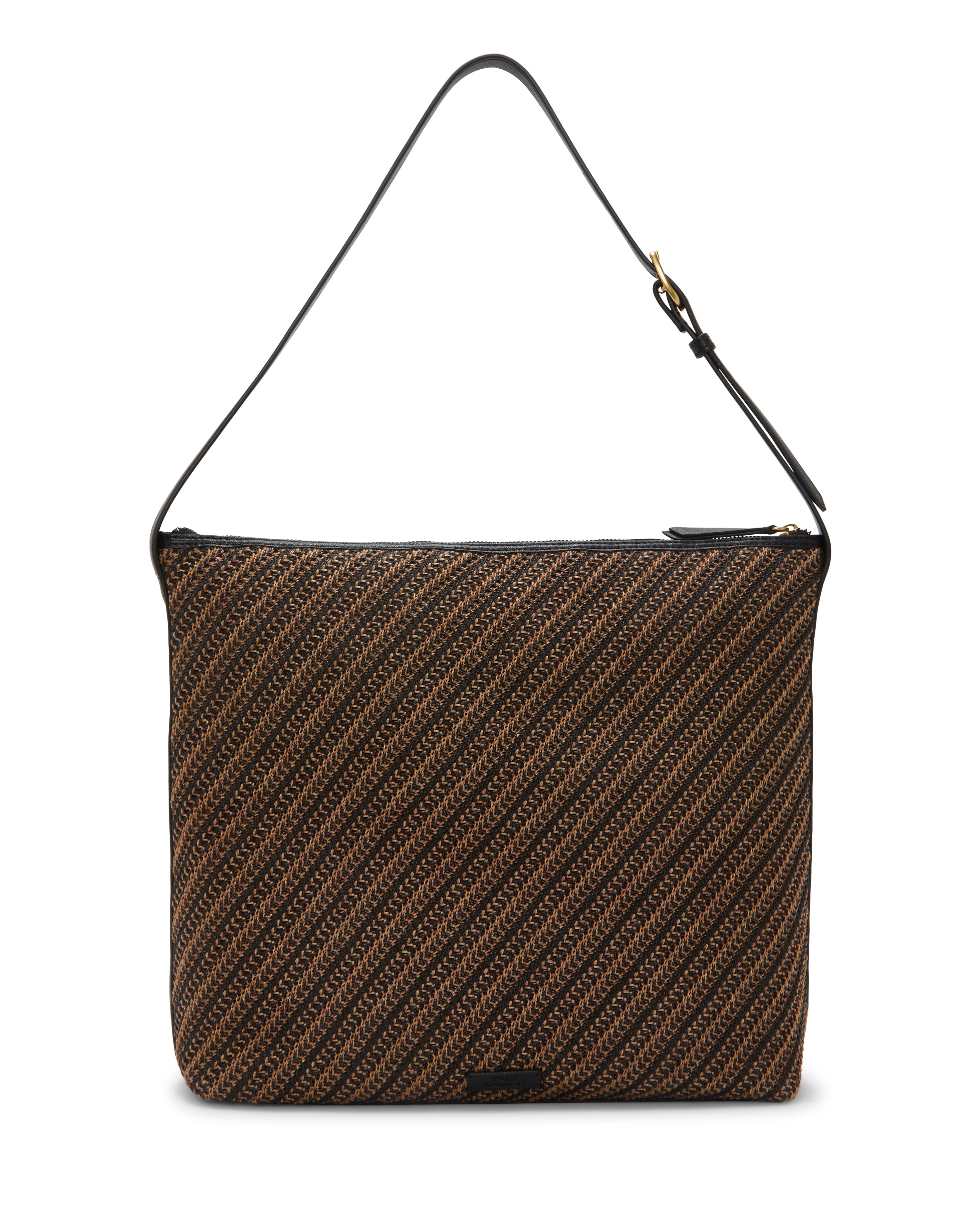 The Paula Shoulder Bag by Vince Camuto is a rectangular canvas shoulder bag featuring black and brown diagonal stripes, black trim, and an adjustable black strap.
