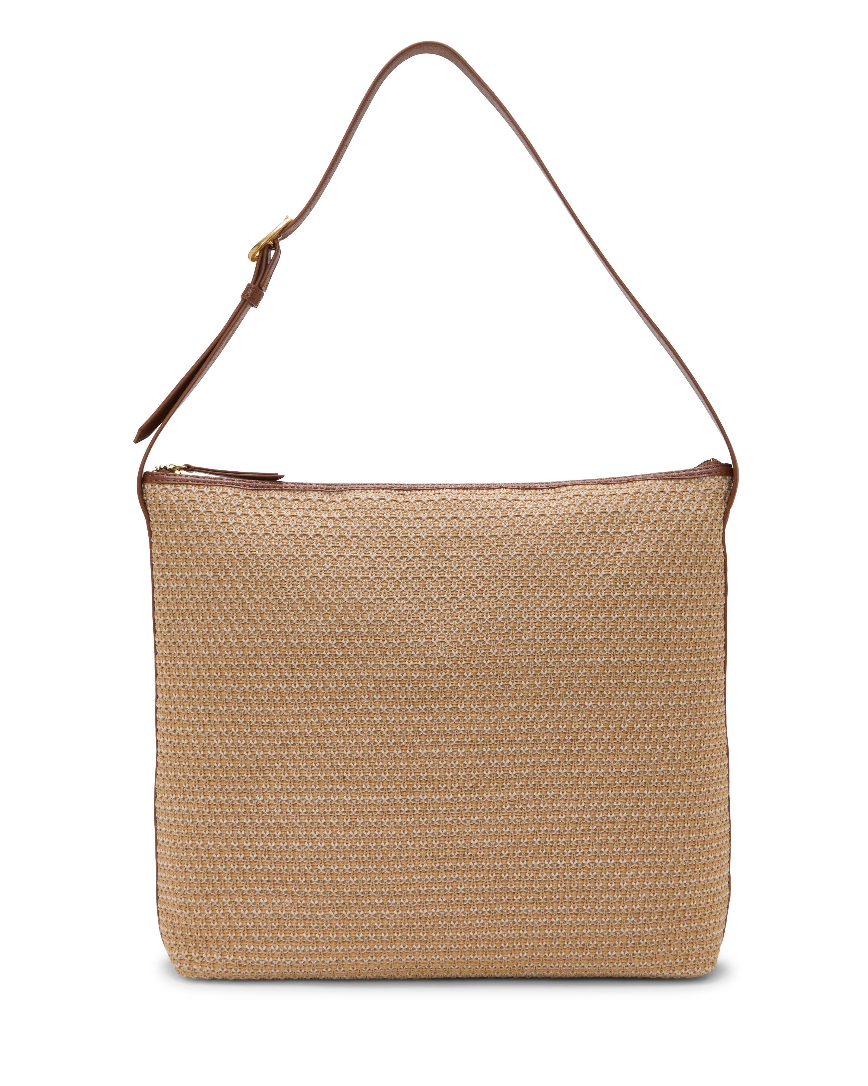 The Paula Shoulder Bag by Vince Camuto is a rectangular beige canvas bag with a textured finish, brown leather strap and trim—an ideal summer essential, displayed on a white background.