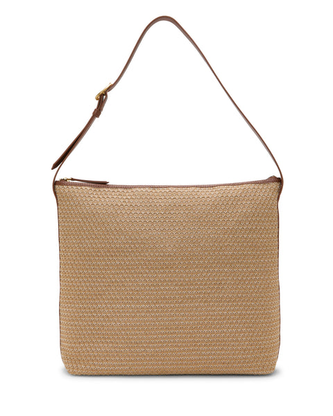 The Paula Shoulder Bag by Vince Camuto is a rectangular beige canvas bag with a textured finish, brown leather strap and trim—an ideal summer essential, displayed on a white background.