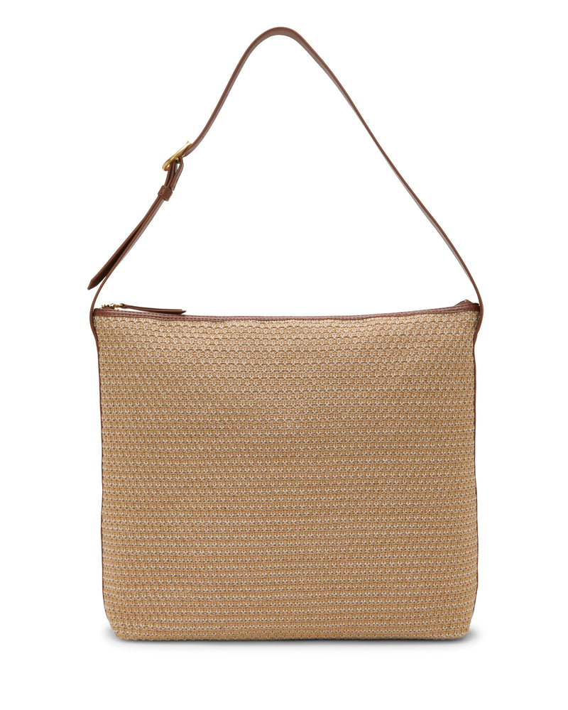 The Paula Shoulder Bag by Vince Camuto is a rectangular beige canvas bag with a textured finish, brown leather strap and trim—an ideal summer essential, displayed on a white background.