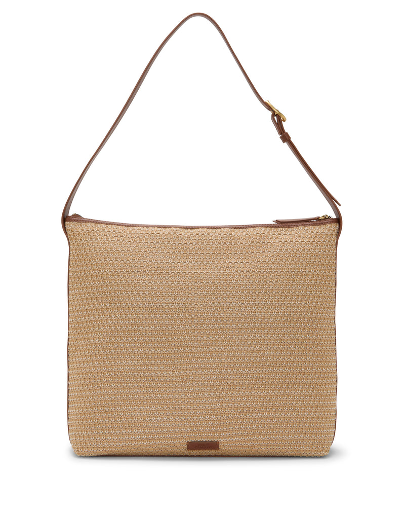 The Paula Shoulder Bag by Vince Camuto is a rectangular woven straw bag with brown adjustable leather strap and trim, plus a small leather patch. Its zip-top closure keeps your summer essentials secure and stylish.