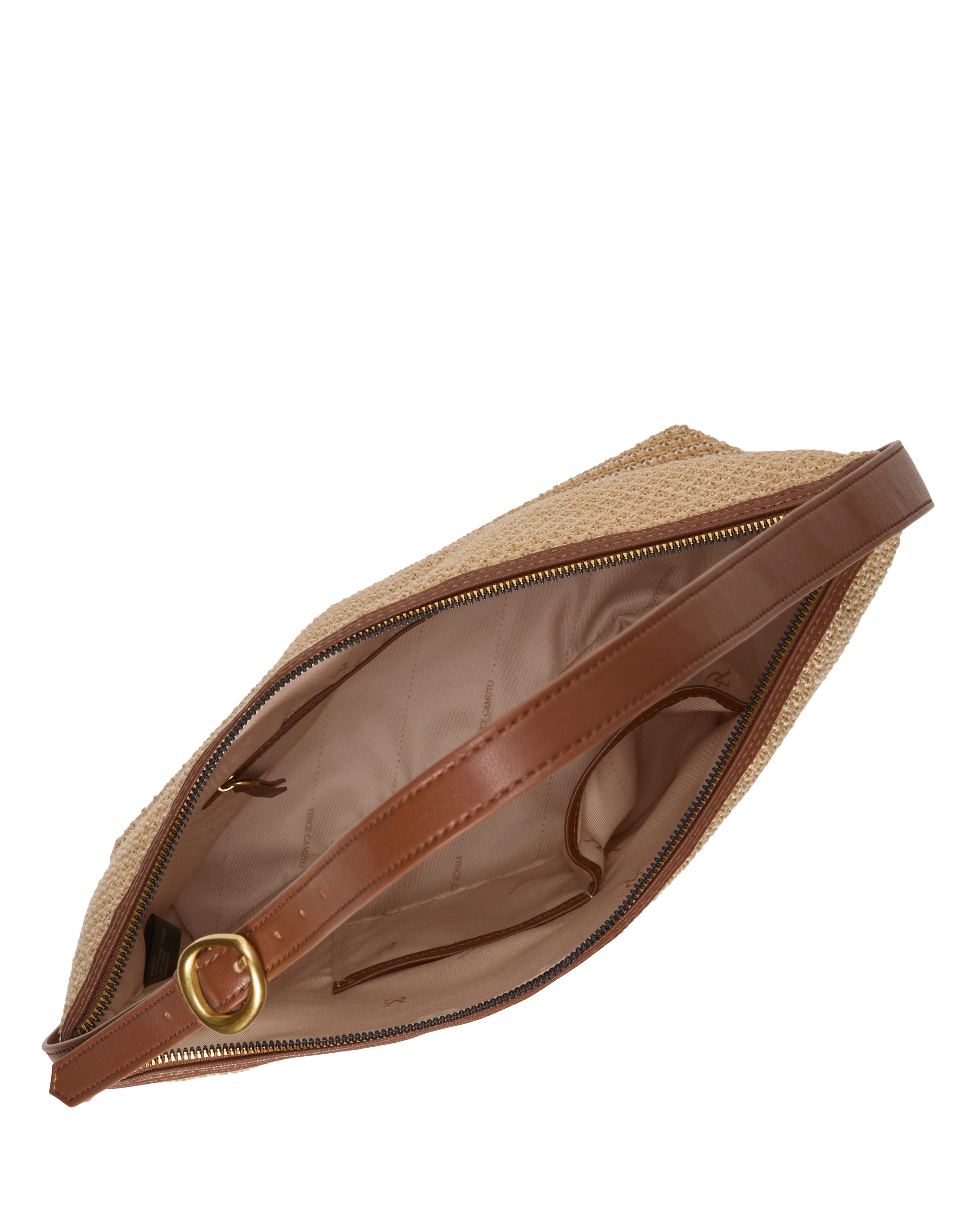 Top view of the Paula Shoulder Bag by Vince Camuto: open tan woven design, brown leather trim and strap, revealing beige fabric lining, a zipper, and an inner pocket.