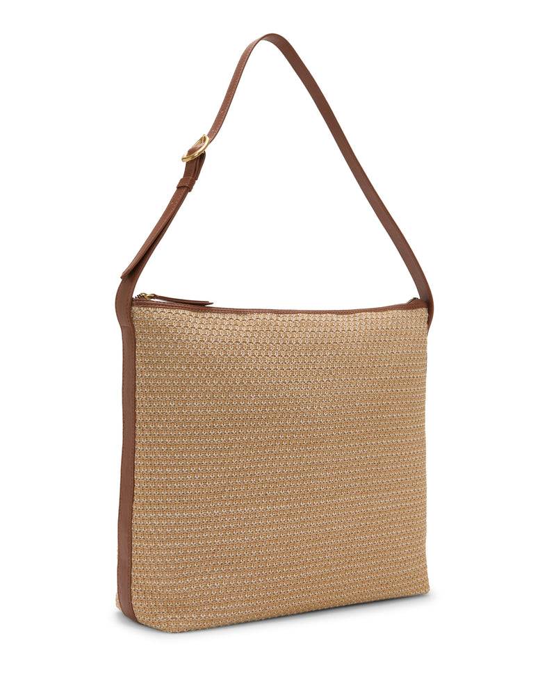 The Vince Camuto Paula Shoulder Bag features a square woven straw design with brown leather trim and an adjustable strap—ideal for summer essentials—displayed against a white background.