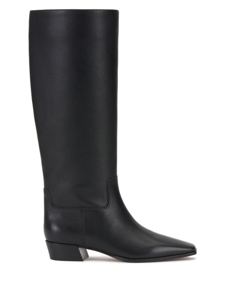 The Pavla Narrow Calf Knee High Boot by Vince Camuto is a tall black leather boot featuring a pointed toe, low angled heel, and minimal stitching with subtle western style, shown in profile against a white background.