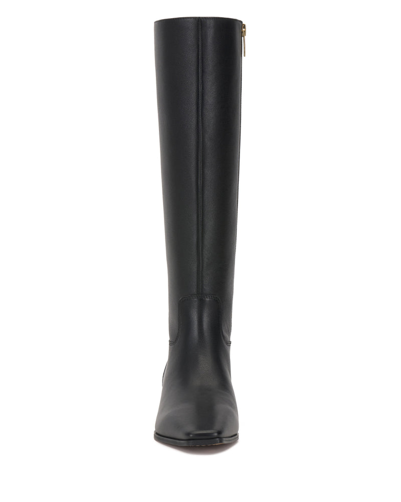 Front view of the Vince Camuto Pavla Narrow Calf Knee High Boot in black leather, featuring a smooth finish, a slim fit for narrow calves, and a center seam detail.
