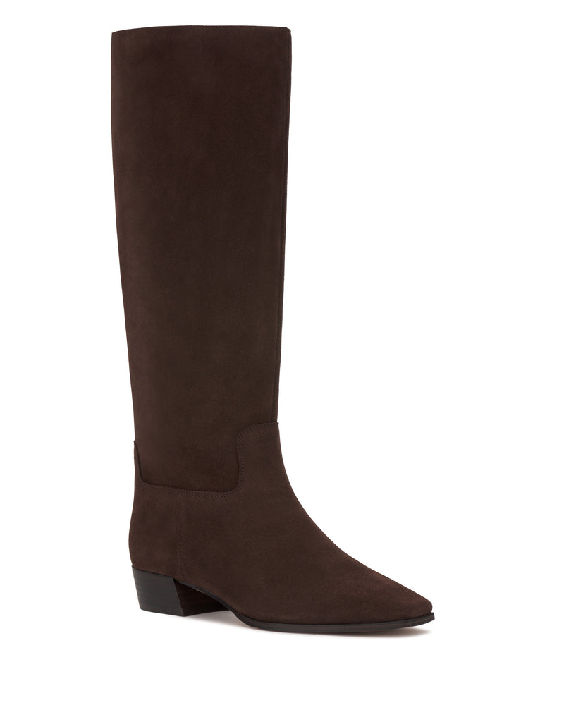 The Vince Camuto Pavla Narrow Calf Knee High Boot, shown in tall dark brown suede with a low block heel and pointed toe, features western-inspired style and is displayed against a plain white background.