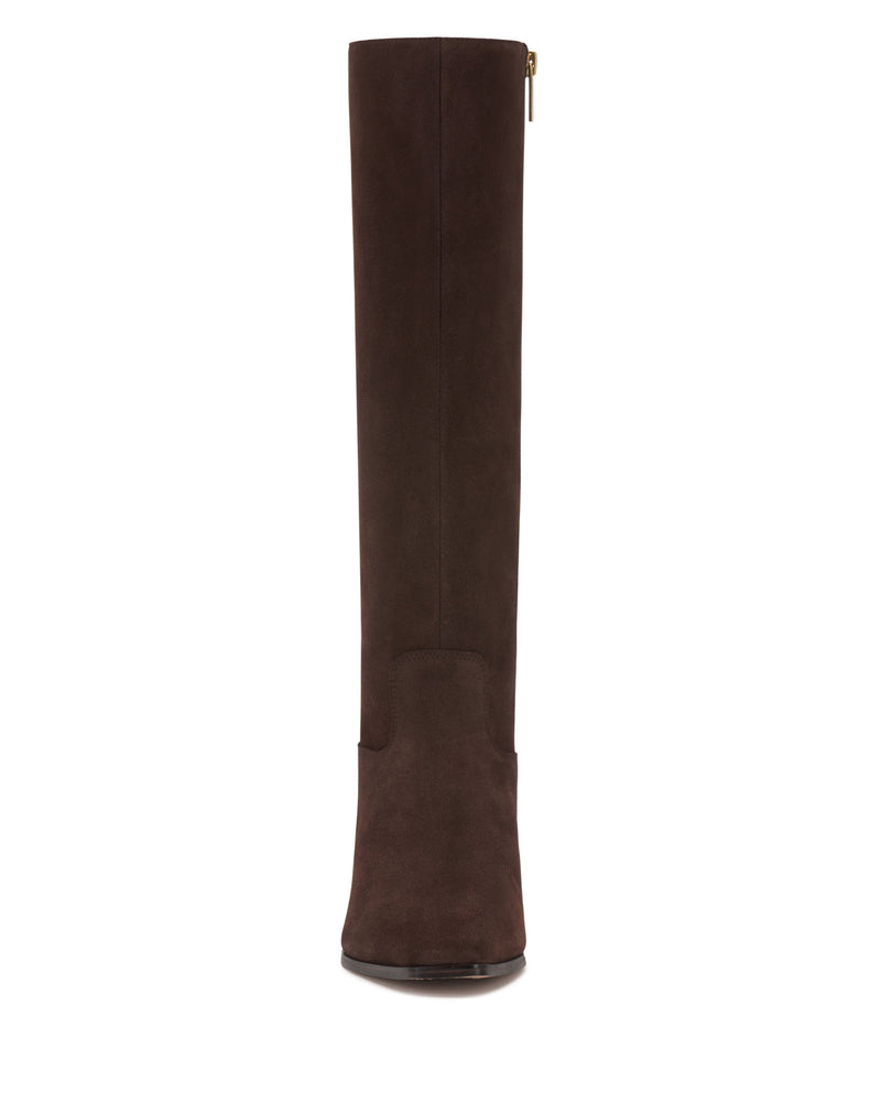 Front view of the Vince Camuto Pavla Wide Calf Knee High Boot in dark brown suede, featuring a slight heel and side zipper, displayed against a white background.