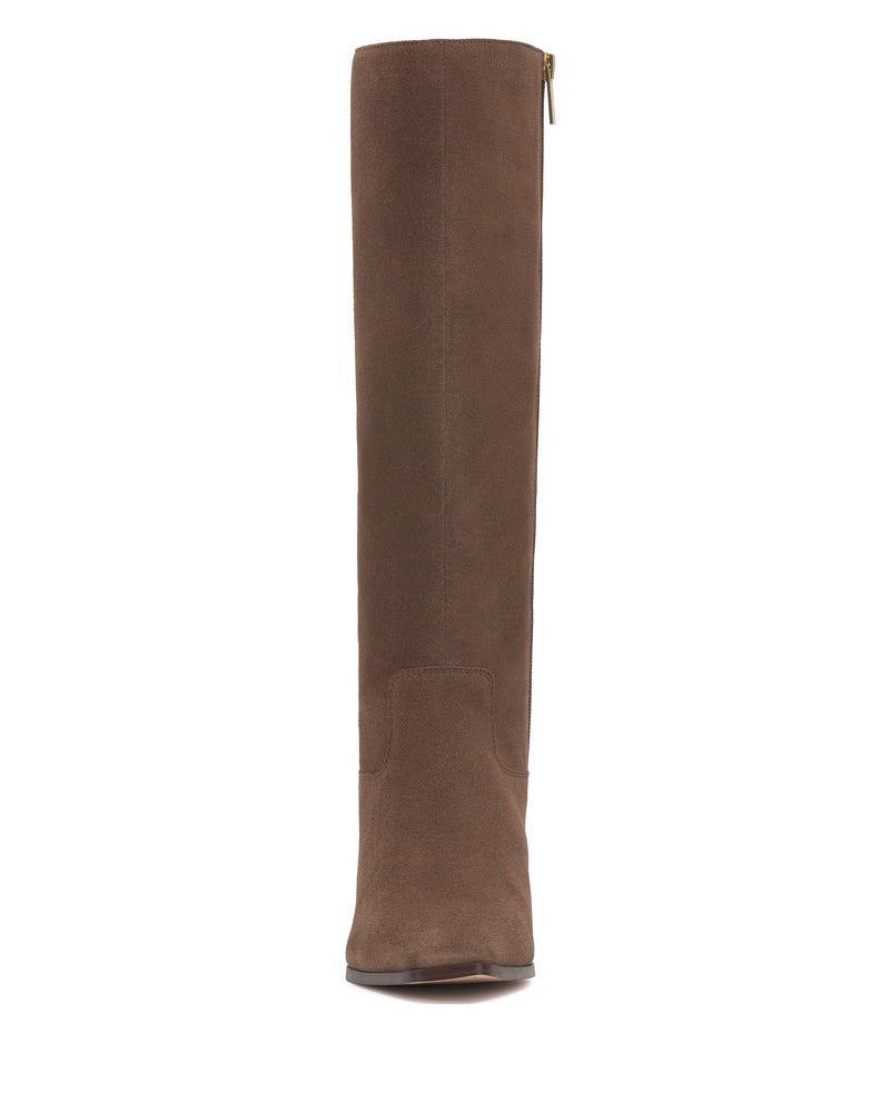 Front view of the Vince Camuto Pavla Wide Calf Knee High Boot in brown suede, featuring a rounded toe and side zipper, displayed against a white background.