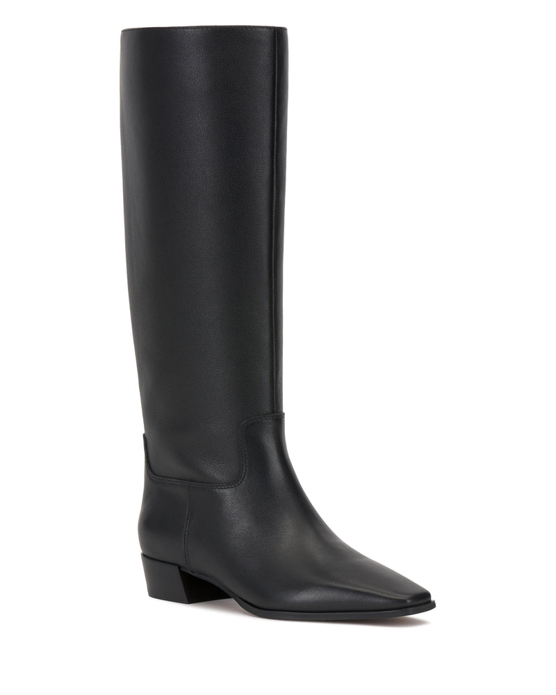 The Pavla Extra Wide Calf Knee High Boot by Vince Camuto is a single tall black leather boot with a pointed toe and low block heel, displayed on a white background.