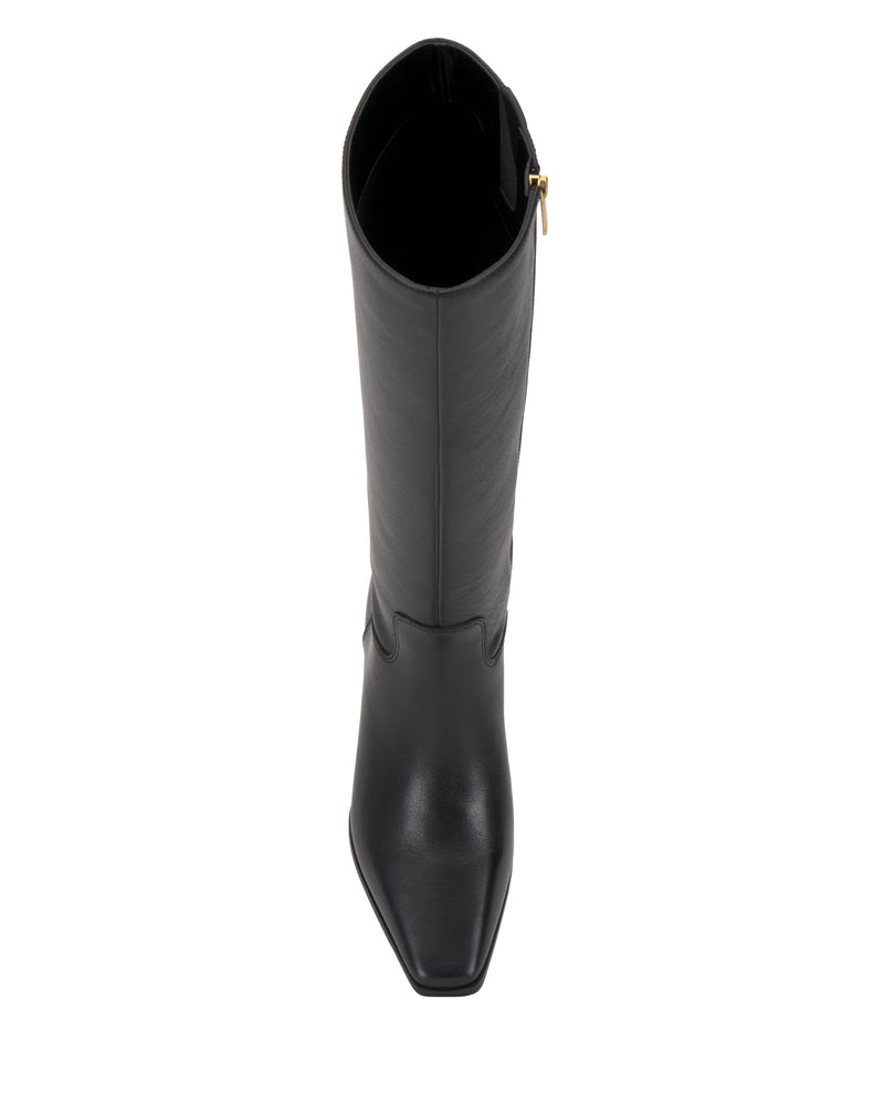 Top-down view of the Vince Camuto Pavla Extra Wide Calf Knee High Boot in black leather, featuring a pointed toe and side zipper, displayed against a white background.