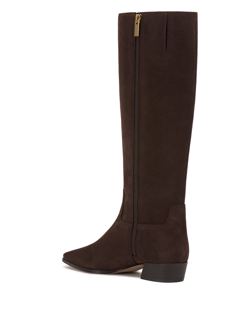 The Vince Camuto Pavla Extra Wide Calf Knee High Boot is shown in tall, dark brown suede with a low block heel and side zipper against a white background.