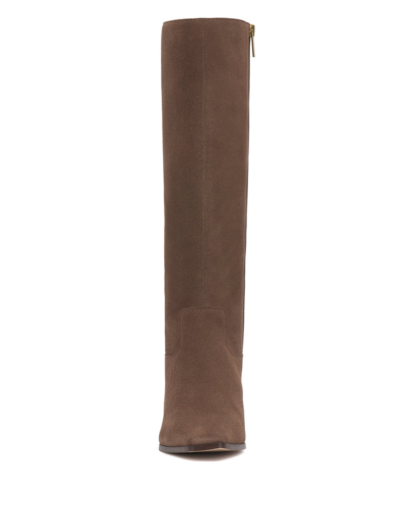 Front view of the Vince Camuto Pavla Extra Wide Calf Knee High Boot in brown suede with a slight heel and top side zipper—ideal for those seeking stylish wide calf boots.