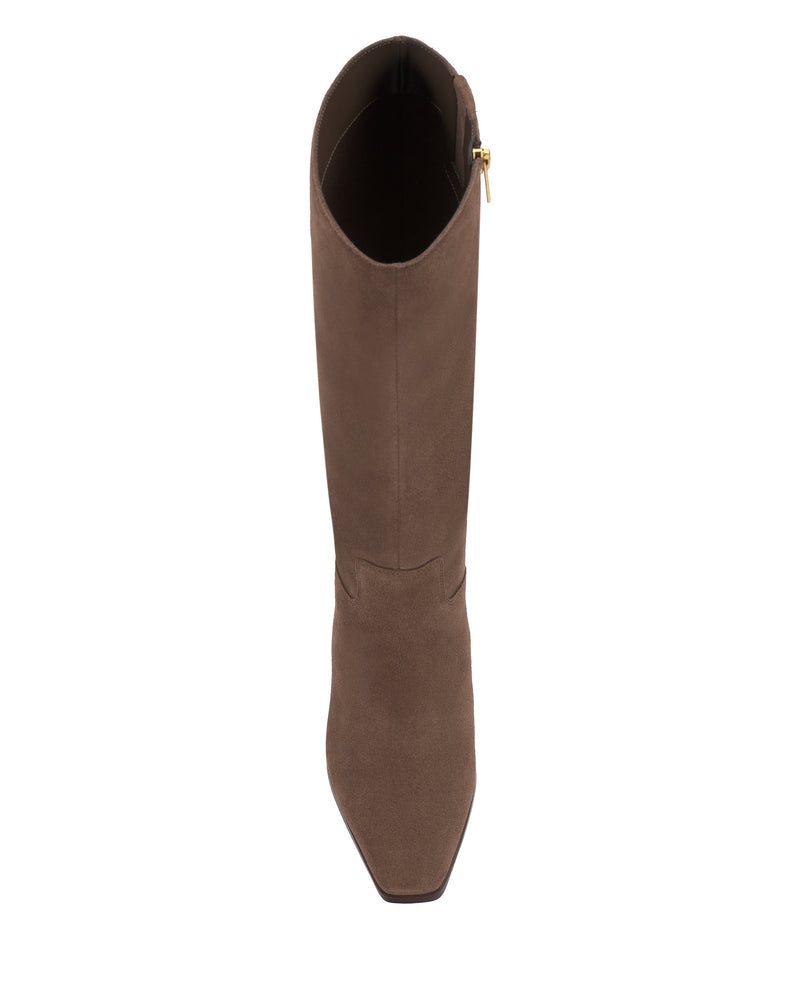 Top view of the Vince Camuto Pavla Extra Wide Calf Knee High Boot in brown suede, featuring a pointed toe and side zipper, highlighting its classic western silhouette against a white background.