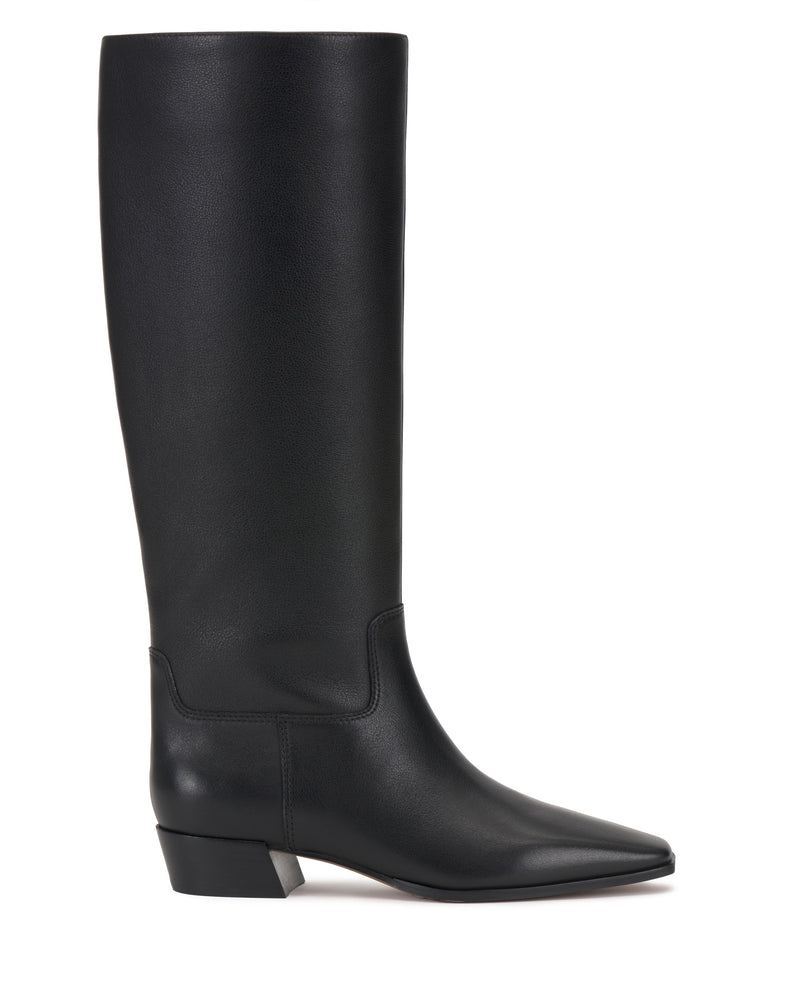 The Vince Camuto Pavla Knee High Boot is a black leather western-style boot with a low block heel, pointed toe, and minimal stitching, shown in side profile against a white background.