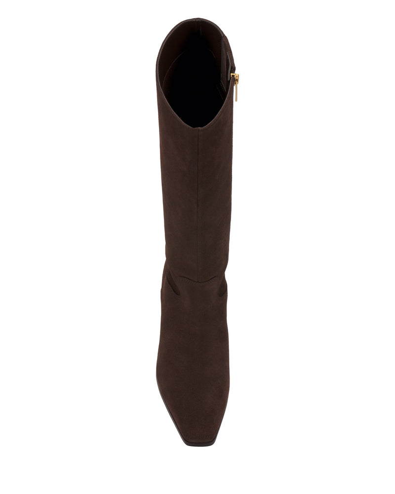 Top view of the Vince Camuto Pavla Knee High Boot—a dark brown, western-inspired knee-high with pointed toe and side zipper—shown against a white background.