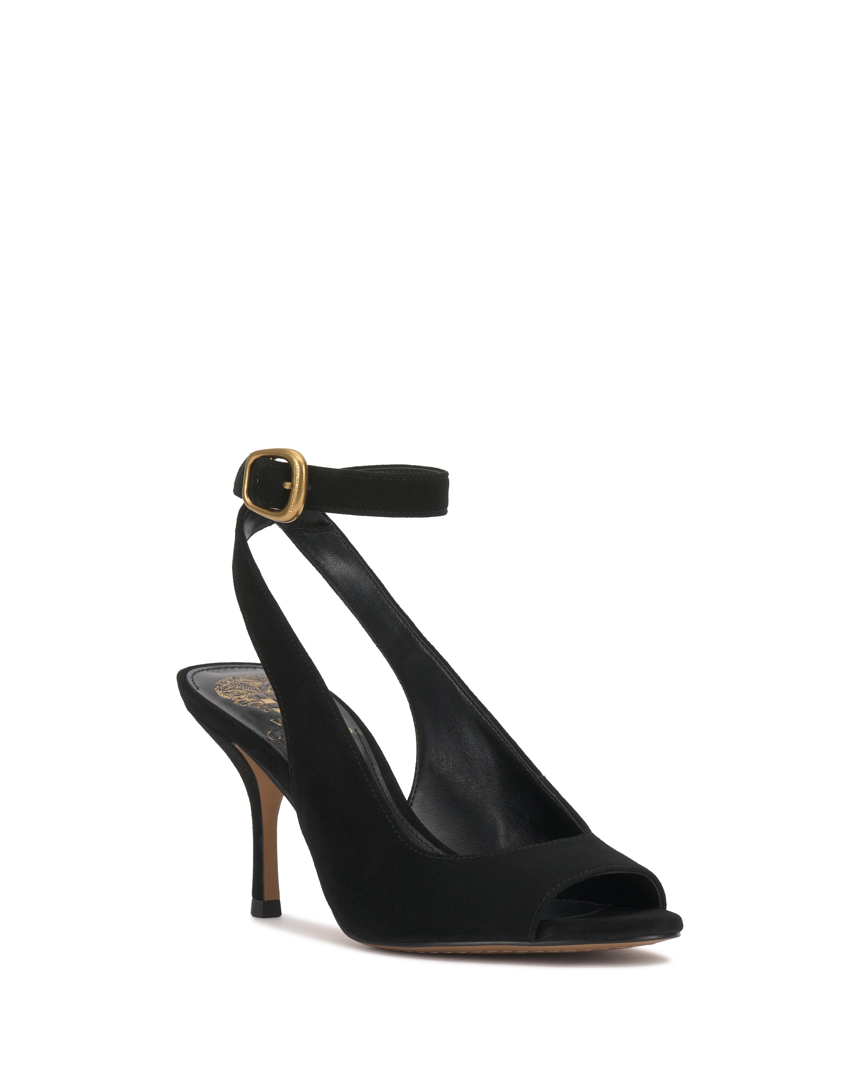 The Vince Camuto Pavles Sandal is a black peep toe design with an ankle strap and gold buckle, combining classic elegance with a sleek silhouette and thin high heel.