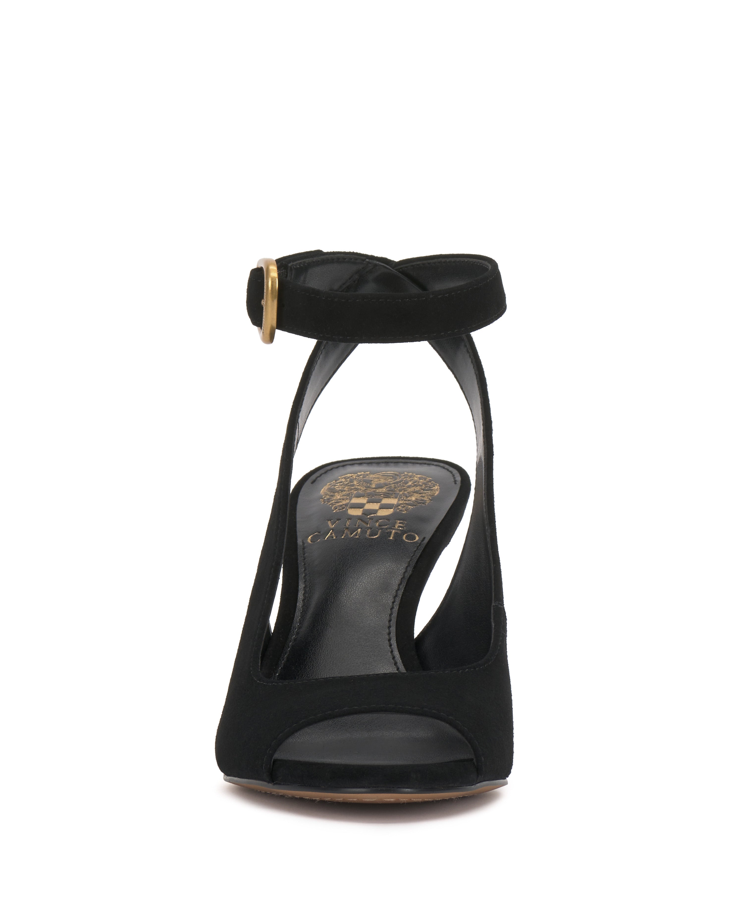 Front view of the Pavles Sandal by Vince Camuto, featuring classic elegance with a black peep toe, ankle strap with gold buckle, open toe design, and gold logo detail on the insole.