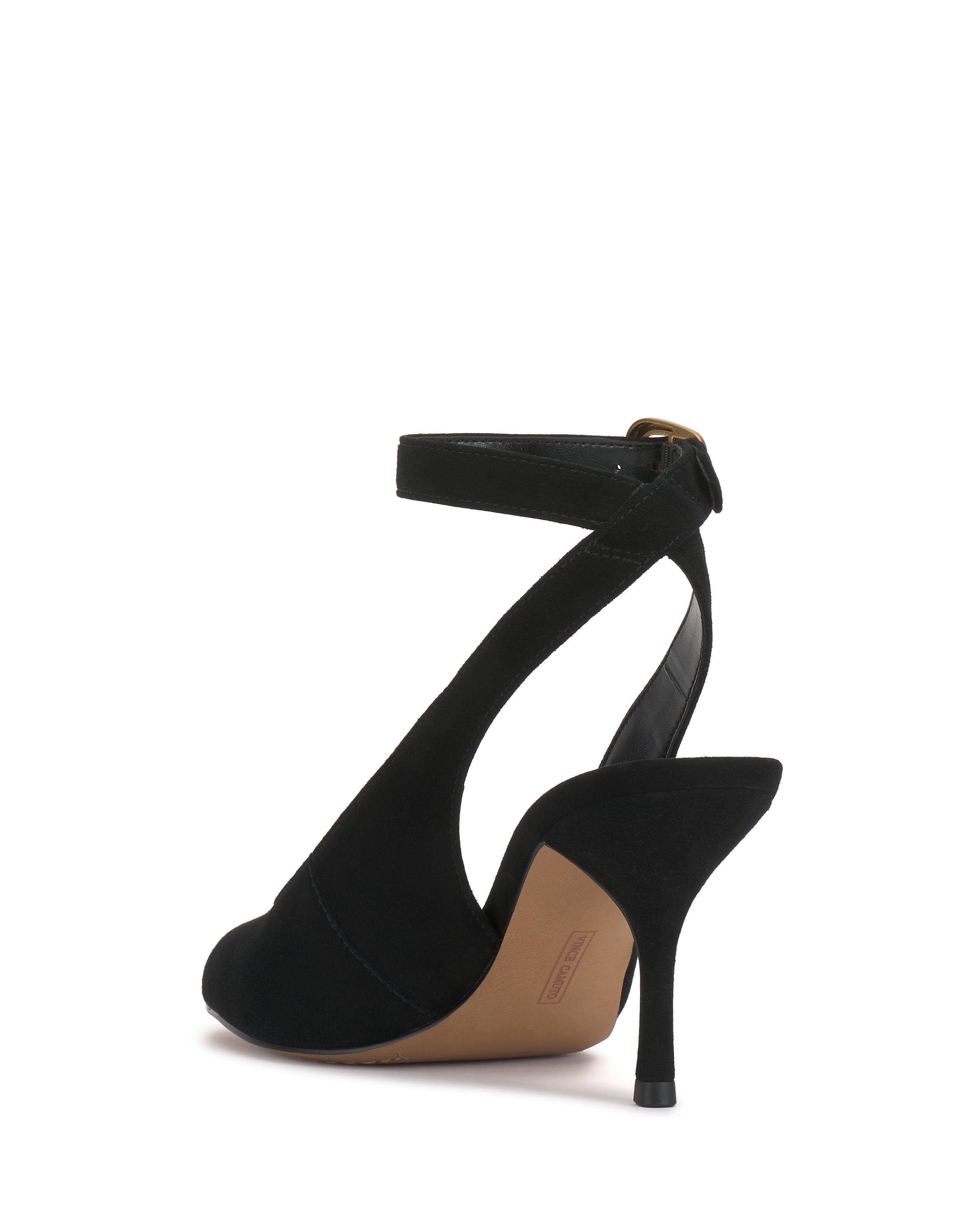 The Vince Camuto Pavles Sandal is a black high-heeled peep toe with an ankle strap and buckle, offering classic elegance and a slim heel, shown in profile view against a white background.