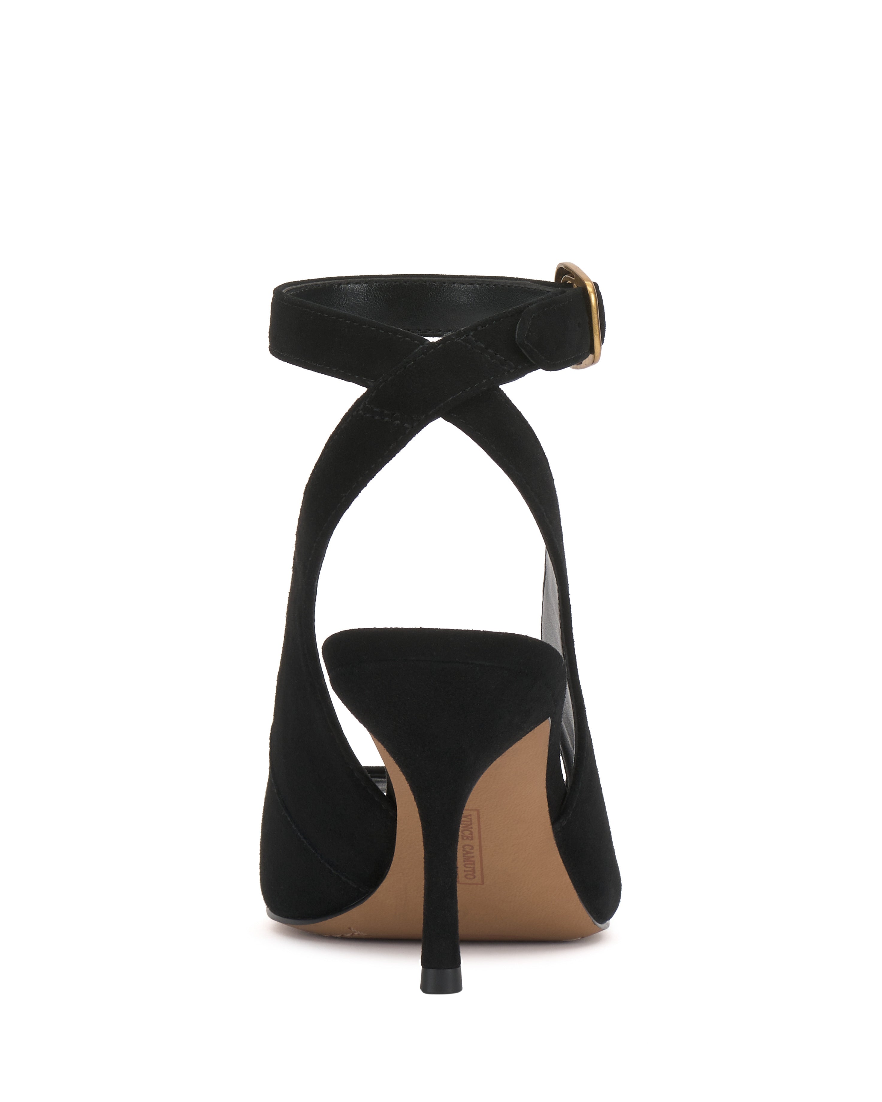 Back view of the Vince Camuto Pavles Sandal in black, showcasing crisscross ankle straps, a small gold buckle on the right strap, peep toe design, and light brown sole—combining chic style with timeless elegance.