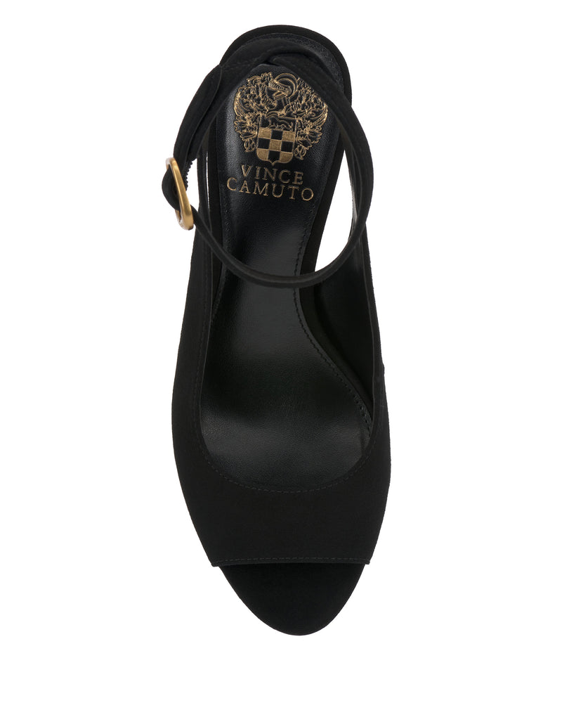 Top view of the Vince Camuto Pavles Sandal: a black peep toe style with an ankle strap and gold buckle, elegant heel, and the Vince Camuto logo in gold on the insole.