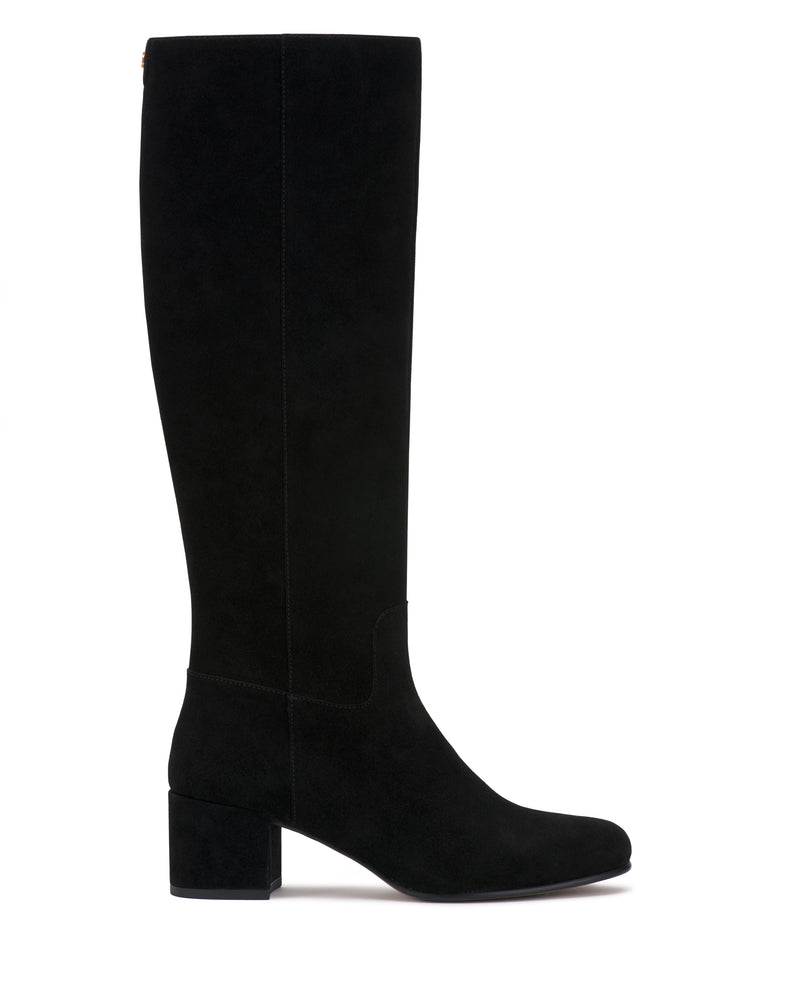 The Vince Camuto Pazzla Extra Wide Calf Knee High Boot features a black suede finish, low block heel, rounded toe, and minimalist design, displayed in profile against a white background.