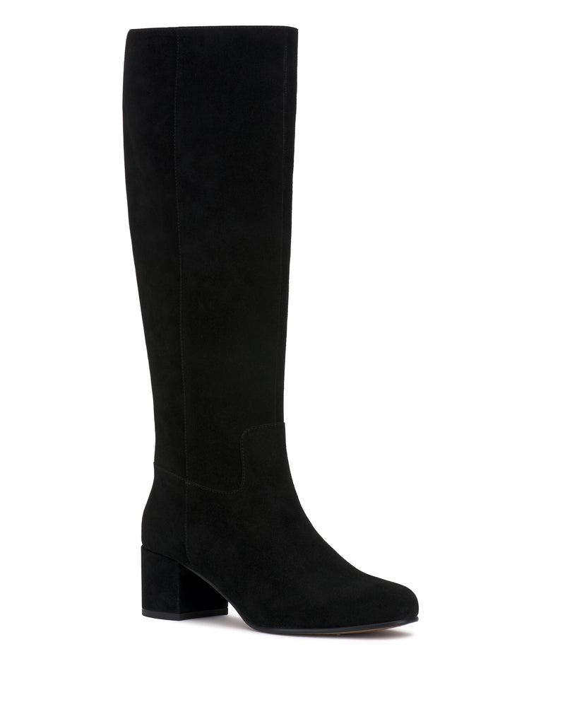 The Vince Camuto Pazzla Extra Wide Calf Knee High Boot is a tall black suede boot featuring a low block heel and rounded toe, shown against a white background.