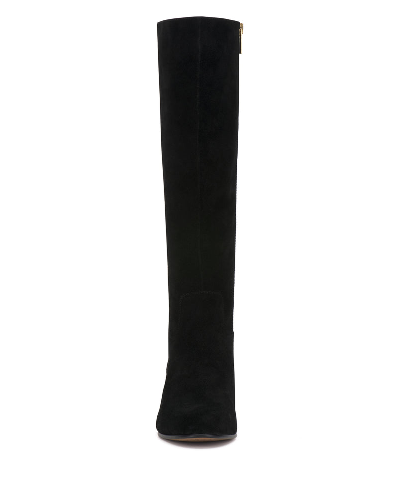 Front view of a single Pazzla Extra Wide Calf Knee High Boot by Vince Camuto in black suede, featuring a rounded toe and a side zipper detail.