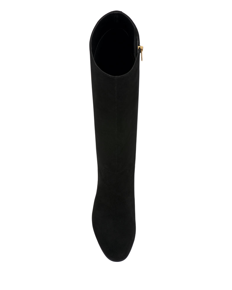 Top view of the Vince Camuto Pazzla Extra Wide Calf Knee High Boot in black suede, featuring a rounded toe and a gold zipper pull on the side, displayed against a plain white background.