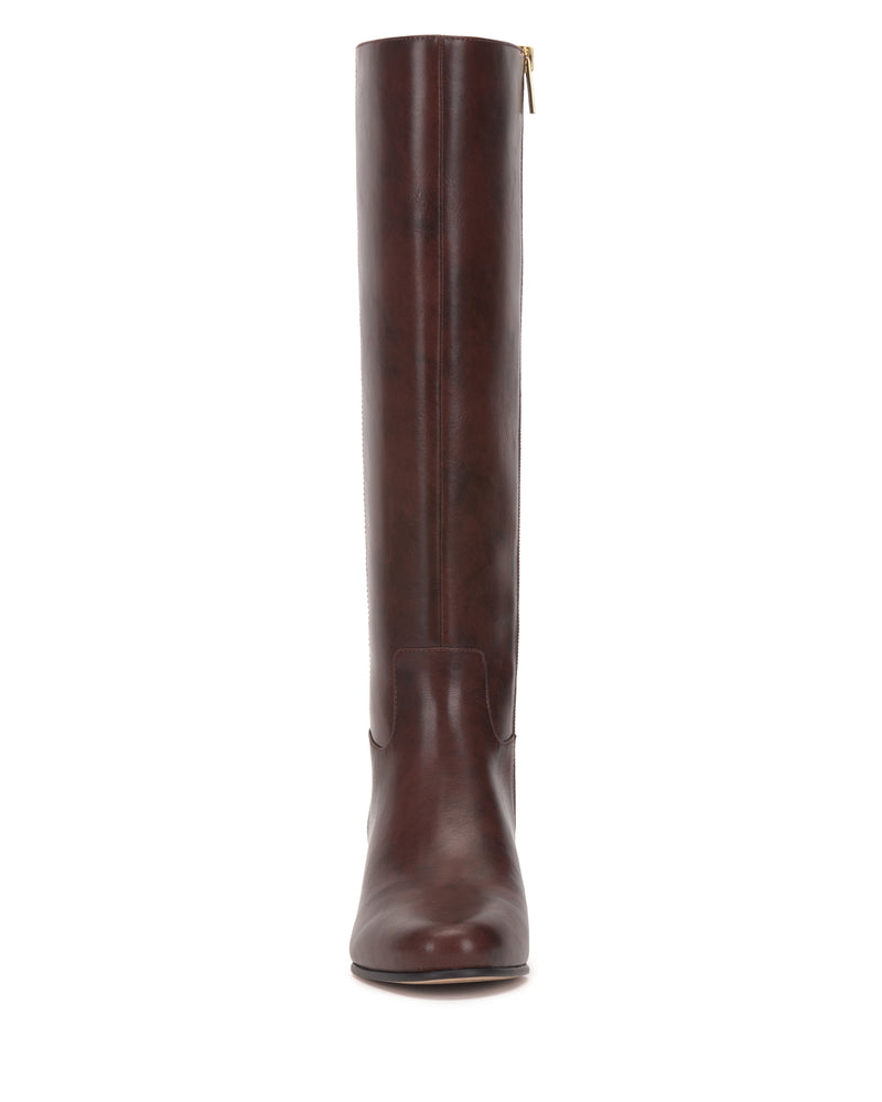 Front view of the Vince Camuto Pazzla Extra Wide Calf Knee High Boot in brown leather, featuring a flat sole and a back zipper.
