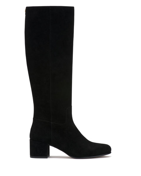 The Vince Camuto Pazzla Knee High Boot is a black suede knee-high boot featuring a block heel and rounded toe, with a clean, unembellished design and no visible laces, shown against a white background.