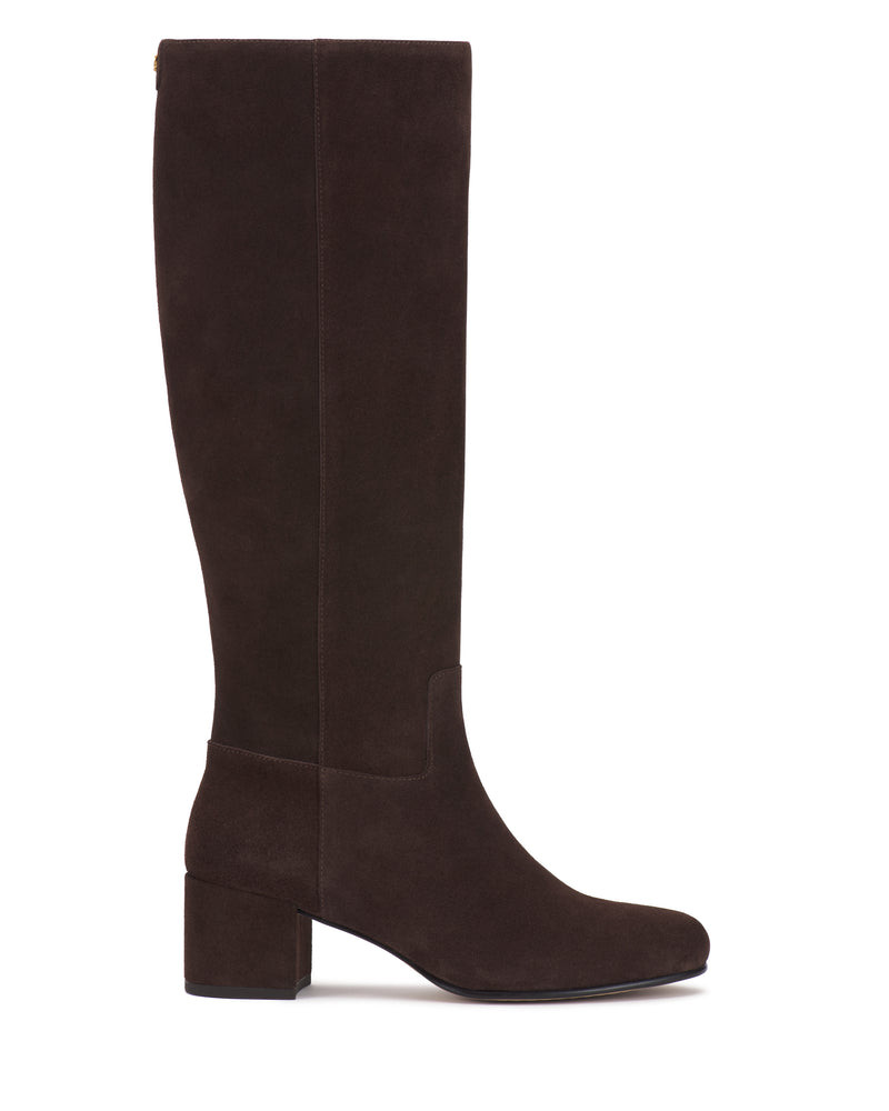 A single Pazzla Knee High Boot by Vince Camuto in dark brown suede, featuring a rounded toe and a block heel, displayed from the side on a white background.