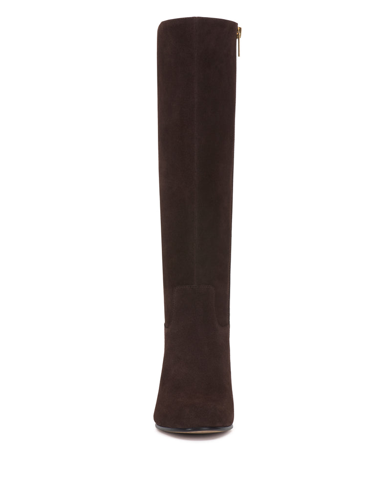 Front view of the Vince Camuto Pazzla Knee High Boot in dark brown suede, featuring a rounded toe and a subtle center seam, displayed against a white background.