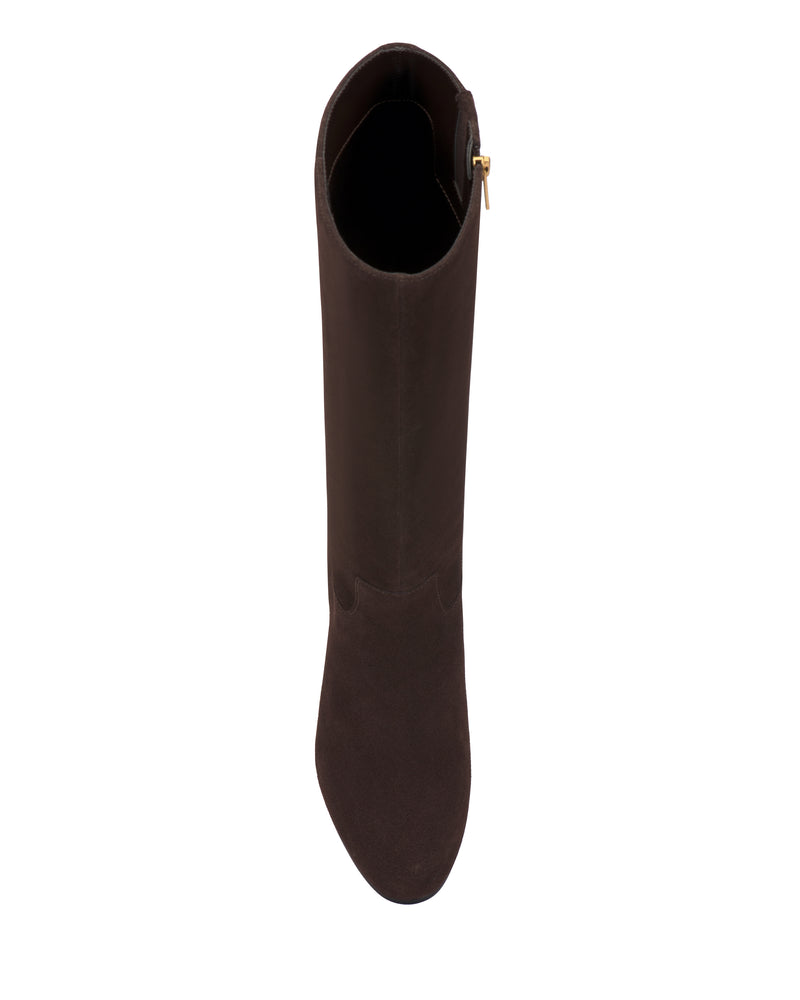 A top-down view of a single Vince Camuto Pazzla Knee High Boot in dark brown suede with a side zipper, photographed on a white background.