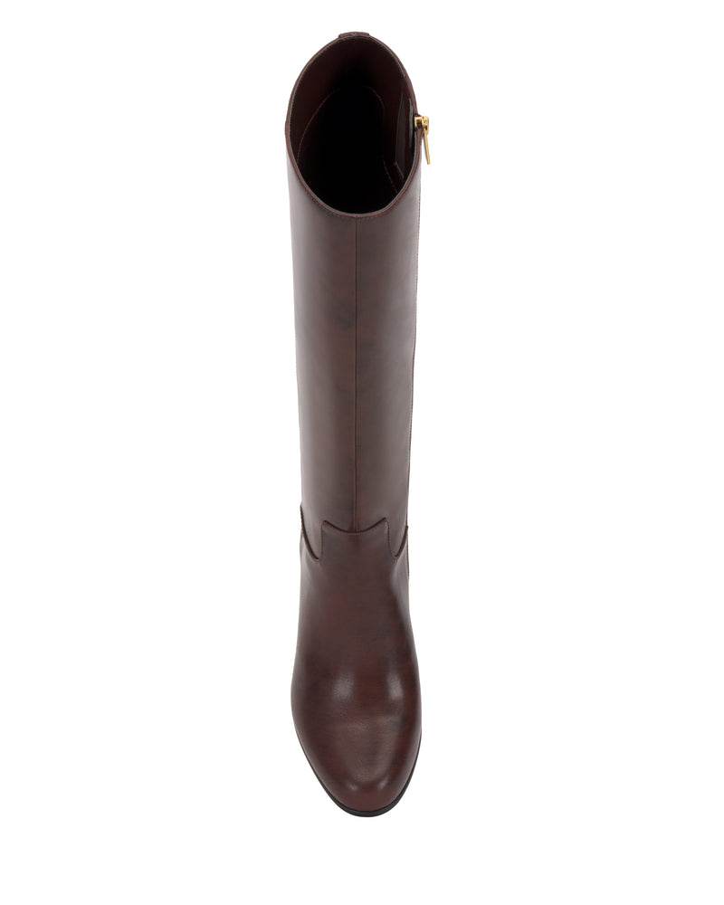 A top view of the Vince Camuto Pazzla Knee High Boot, a single tall brown leather boot featuring a side zipper, displayed against a white background.