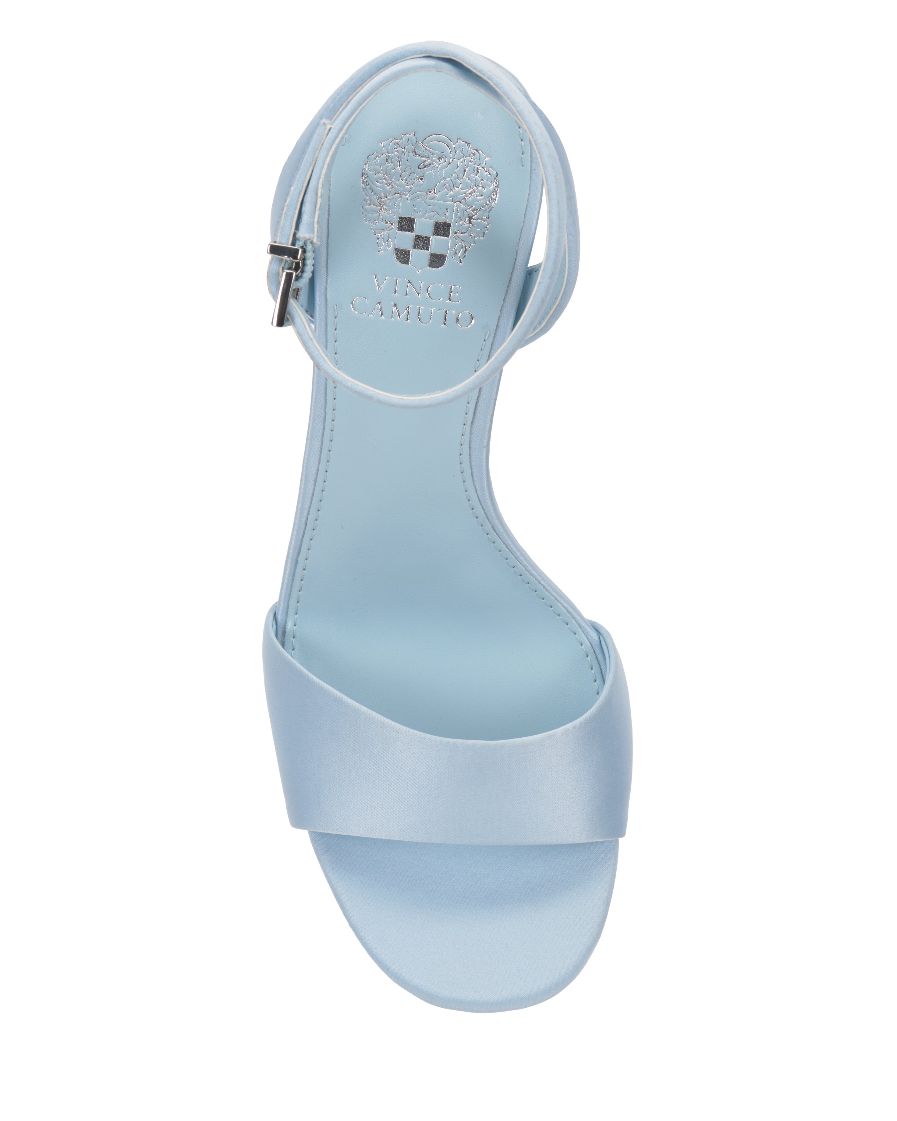 Top view of the light blue Vince Camuto Pendry Platform Sandal, featuring a single wide toe strap, ankle strap with buckle, block heel, and brand logo on the insole for a chic retro vibe.