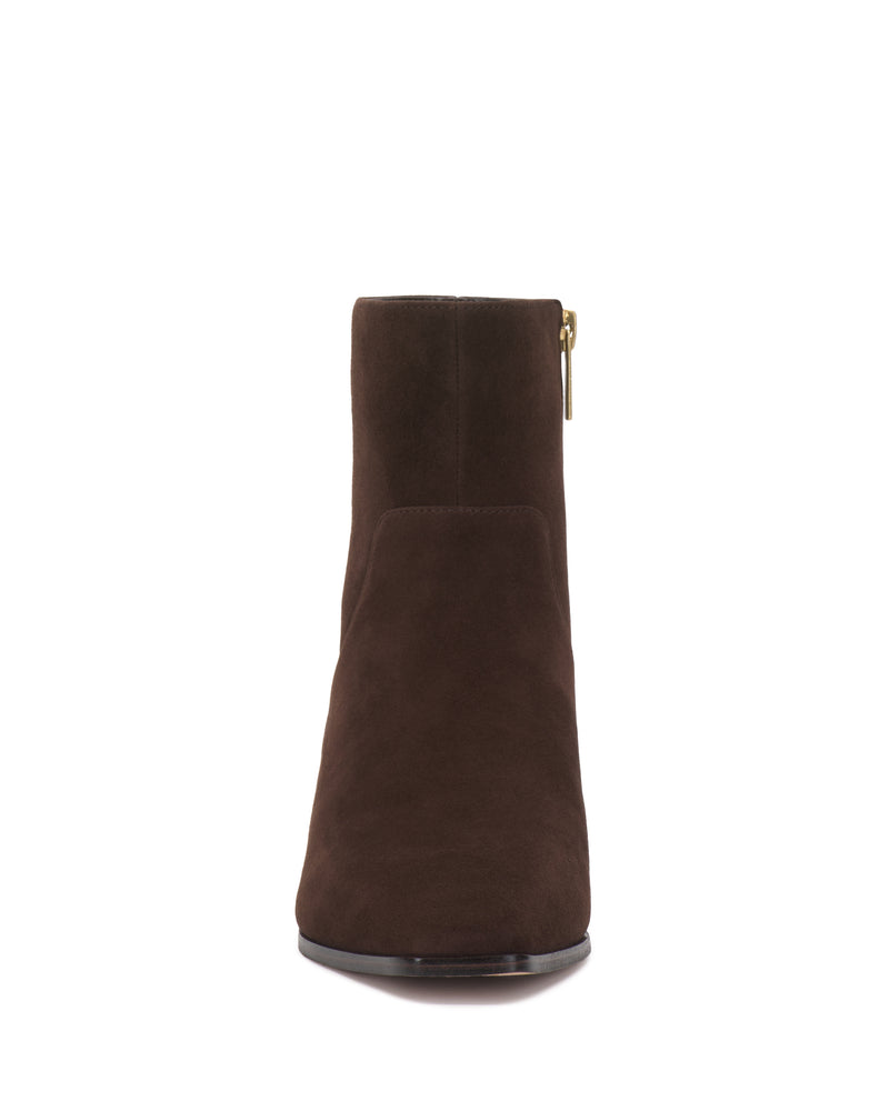 Front view of the Vince Camuto Pertula Bootie, a single brown suede ankle boot featuring a side zipper, shown against a white background.